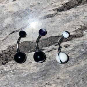 3 Belly Button Ring Set Black White